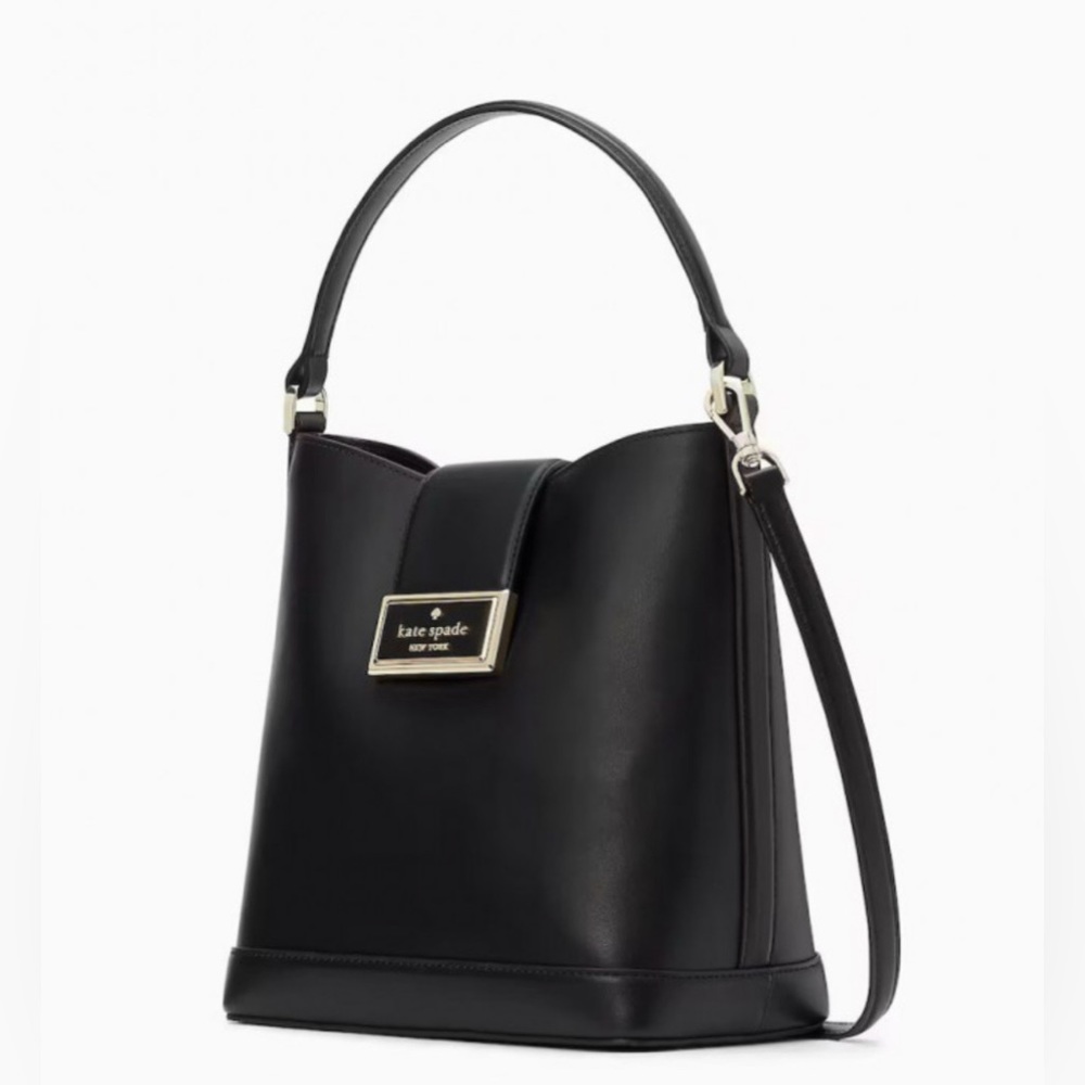 NWT Kate Spade Reegan Bucket Bag Smooth Leather - Black/Gold $459 Retail - Picture 2 of 12